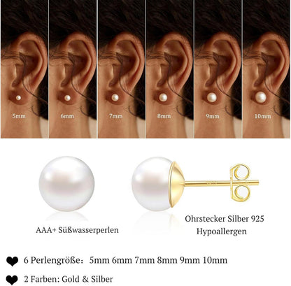 Perlen Ohrringe Damen 925 Silber Weiße Süßwasserperlen Ohrstecker Gold 6mm