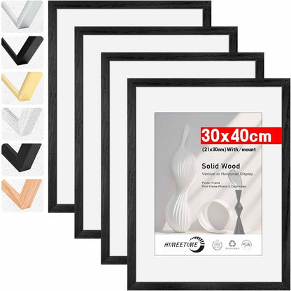 4er Set Bilderrahmen 30x40 cm Schwarz mit Passepartout für A4 Echtholz