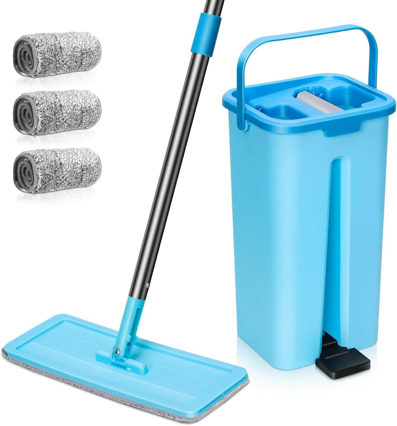 Wischmopp Set mit Eimer, Bodenwischer, 6Mikrofaser