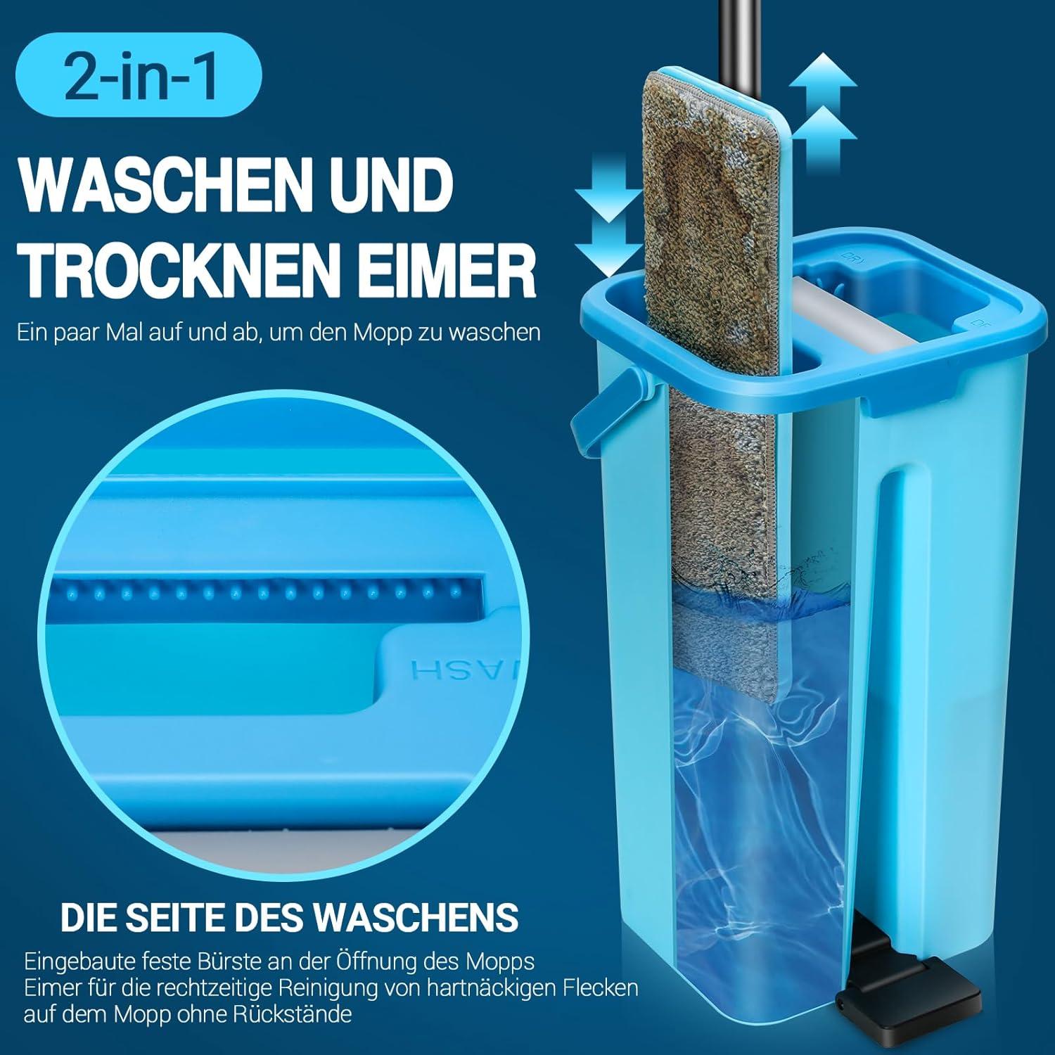 Wischmopp Set mit Eimer, Bodenwischer, 6Mikrofaser