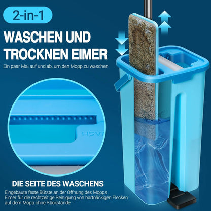 Wischmopp Set mit Eimer, Bodenwischer, 6Mikrofaser