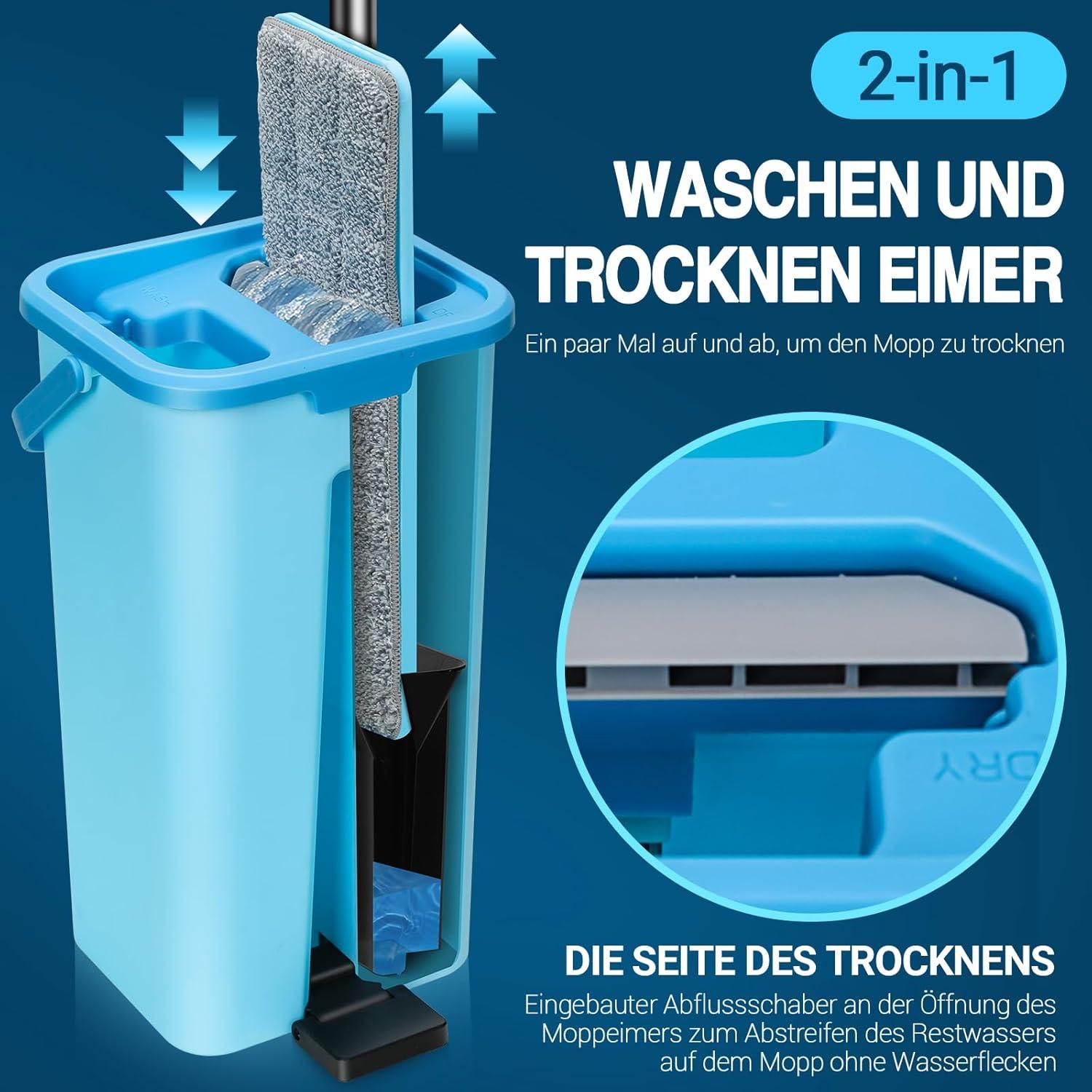 MASTERTOP Wischmopp Set mit Eimer und 6 Mikrofaser Moppkopf, Hartholz Laminat Fliesen