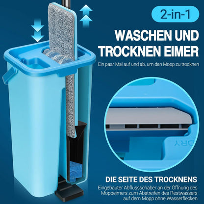MASTERTOP Wischmopp Set mit Eimer und 6 Mikrofaser Moppkopf, Hartholz Laminat Fliesen