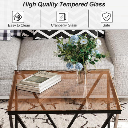 Quadratische Couchtische aus Glas 2er Set, Moderner Beistelltisch Glas für Wohnzimmer, Büro, Teegefärbtes Glas