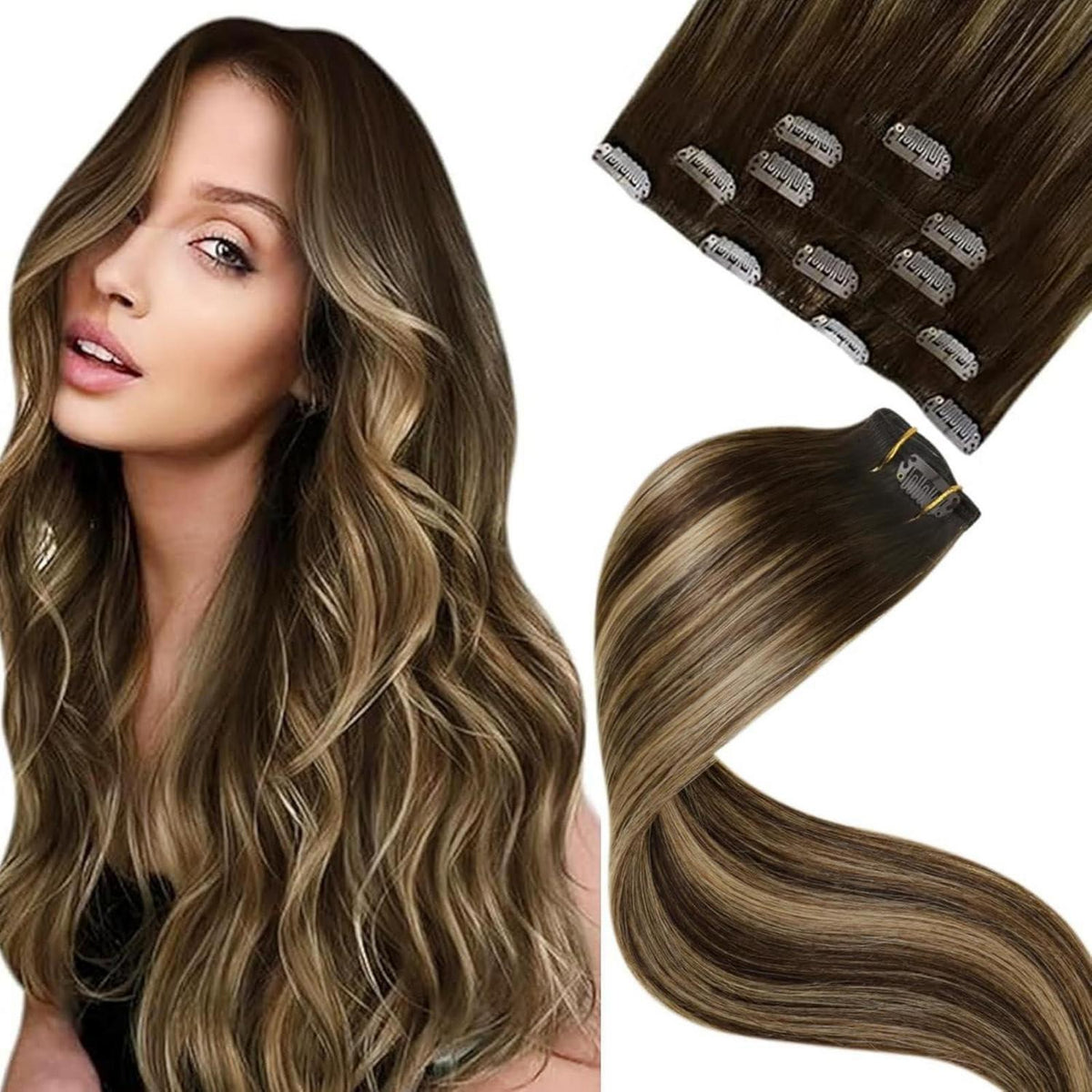 Echthaar Clip-in Extensions Braun Ombre Erdbeerblond 50cm