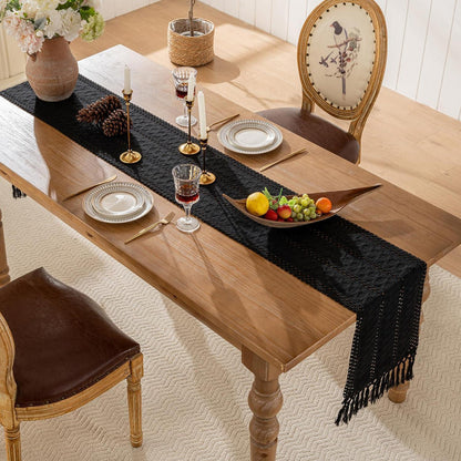 Tischläufer Schwarz Baumwolle Leinen Boho mit Quasten 30x140cm