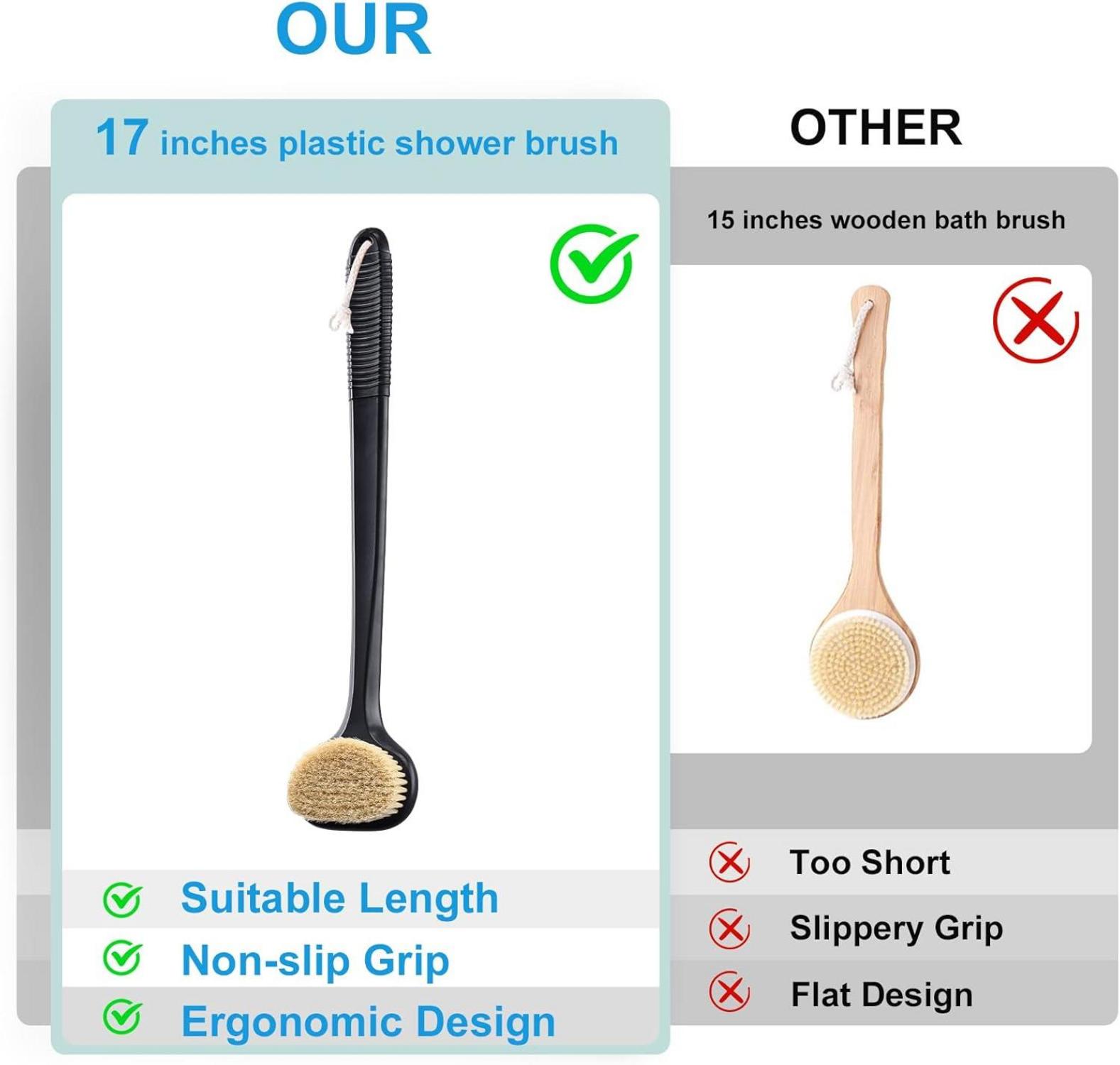 Trockenbürste mit Naturborsten, Anti-Rutsch Griff 43cm für Dusche