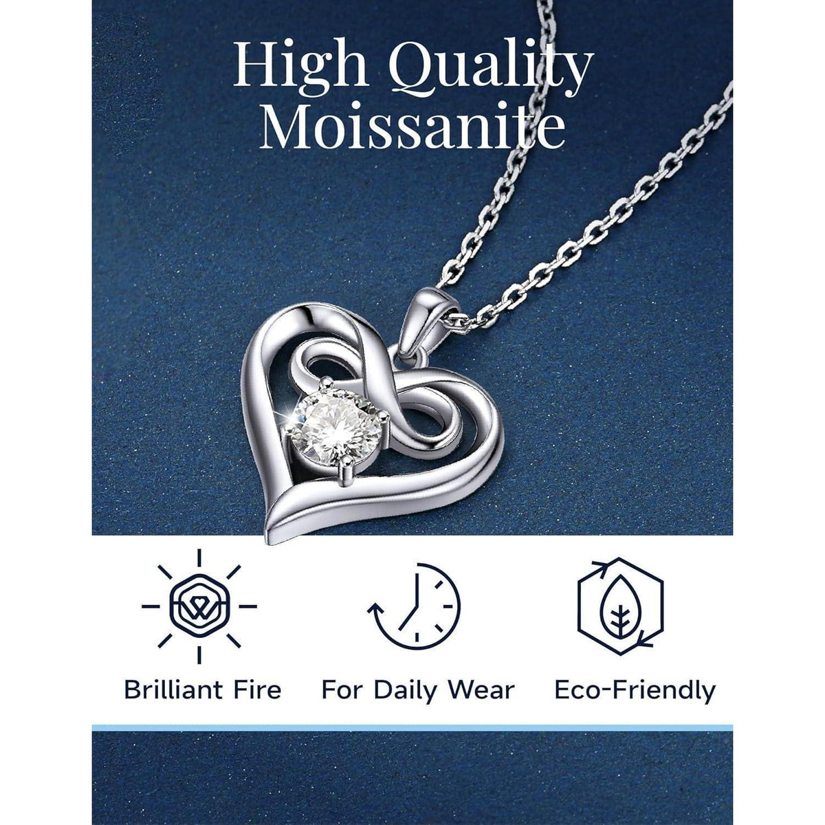 Unendlichkeitszeichen Kette mit Herzanhänger, 1 Karat Moissanit, Silber 925
