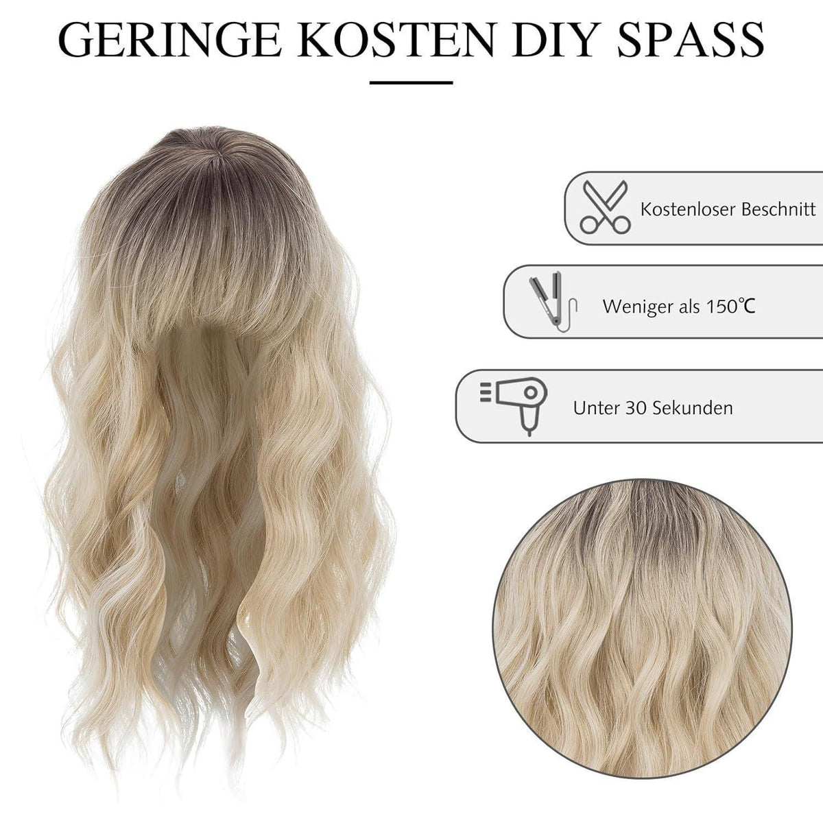 Haartopper mit Pony – Balayage Blond Welle 35cm