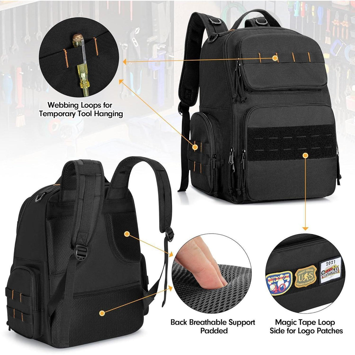 Werkzeugrucksack mit 3 Organizer-Taschen, Schwarz