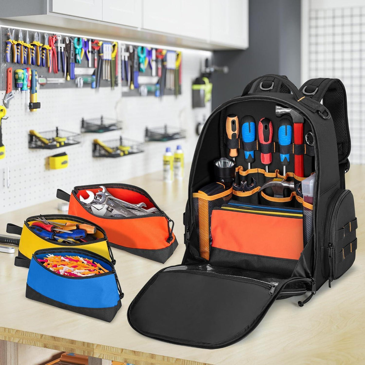 Werkzeugrucksack mit 3 Organizer-Taschen, Schwarz
