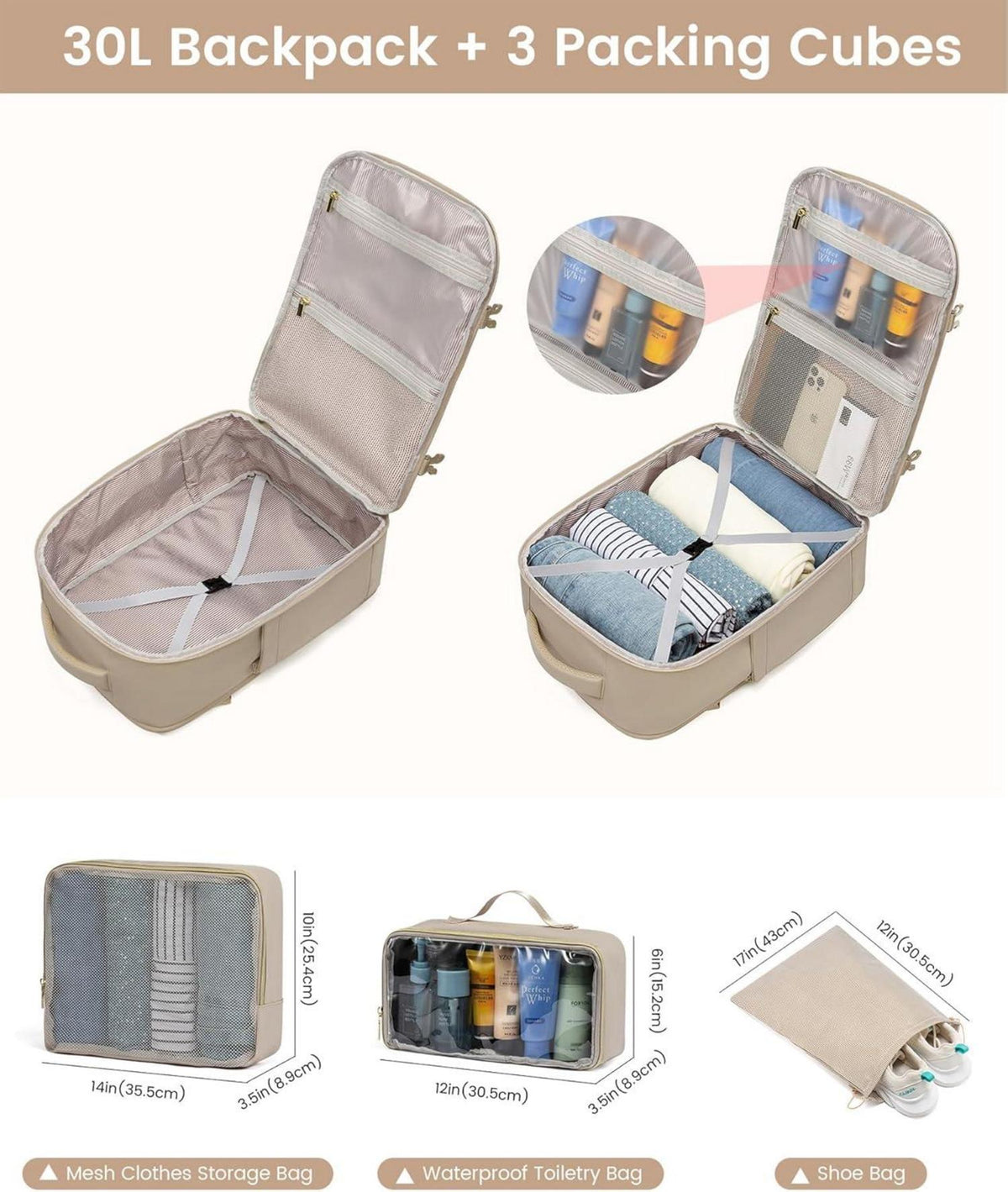 LOVEVOOK Reiserucksack Handgepäck 30L Laptop Rucksack 15,6 Zoll Wasserdicht Beige Khaki