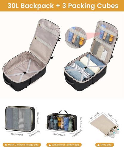 Wasserdichter 30L Rucksack für Damen mit Laptopfach, Handgepäck Flugzeug, Schwarz