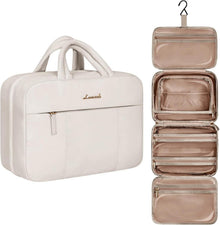 Kulturbeutel zum Aufhängen mit 4 Fächern, Kosmetiktasche Beige