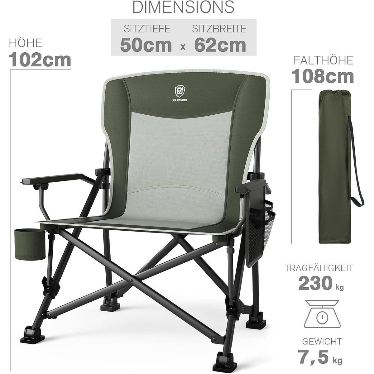 XL Campingstuhl faltbar 230kg belastbar mit Getränkehalter Grün