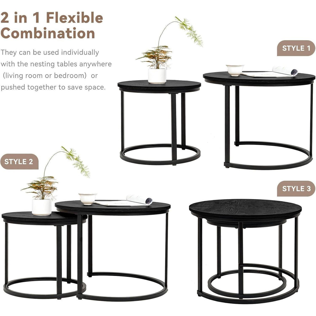 2er Set runde Beistelltische Holz mit Metallrahmen, Vintage Design
