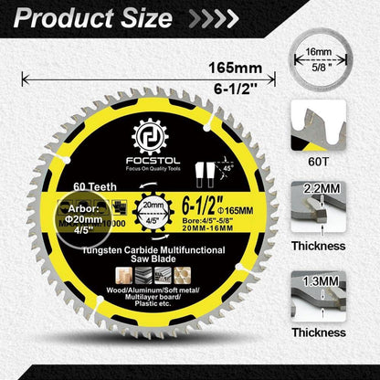Kreissägeblatt Holz 165mm 60 Zähne für Metall & Kunststoff