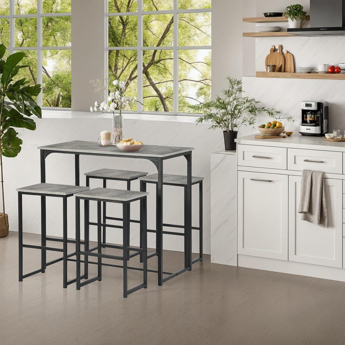 Bartisch Set mit 4 Barhockern – Industriestil Grau