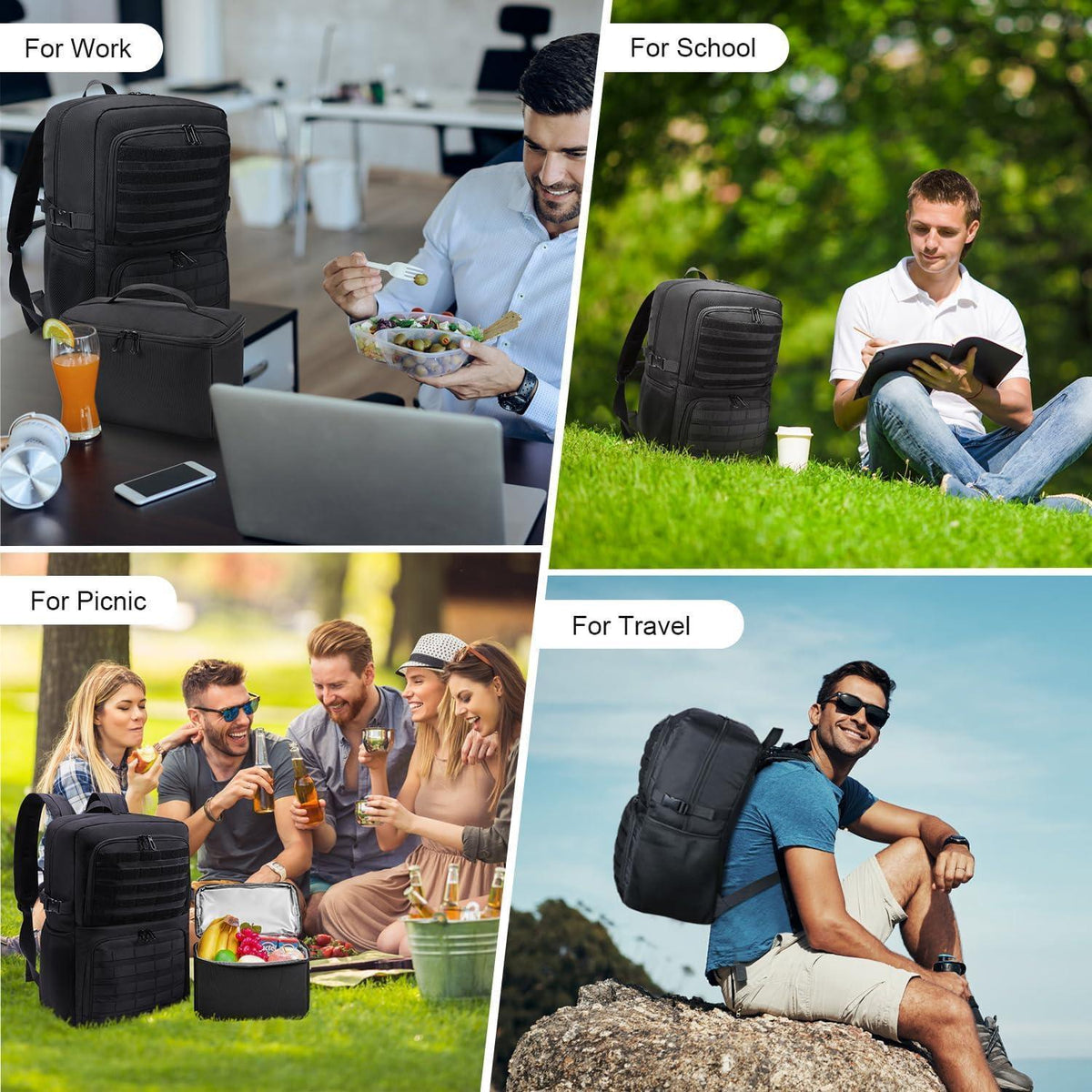 Lunch-Rucksack Schwarz XL – 17.3 Zoll Laptop & Lunchbox