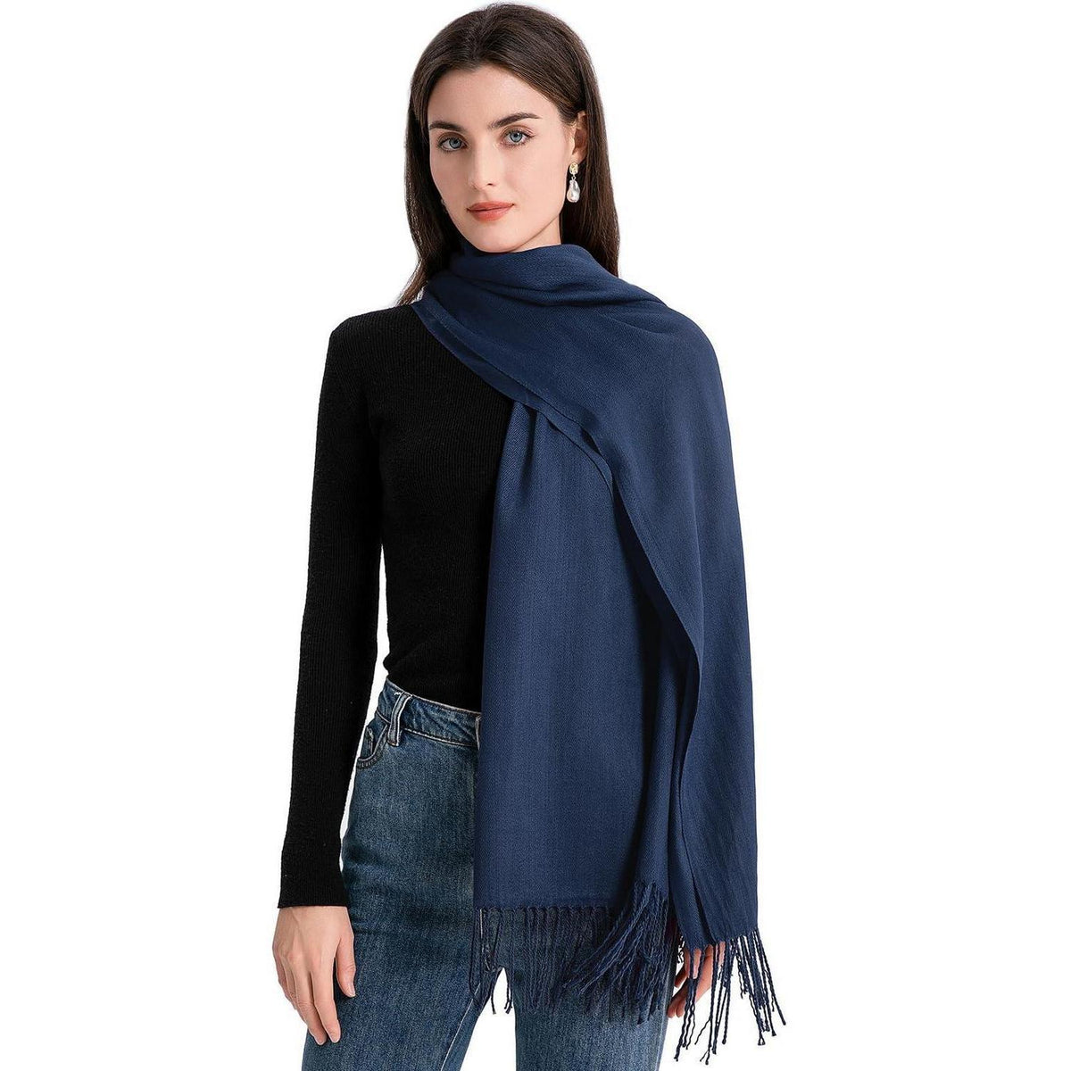 Langer Winterschal Damen mit Fransen Navy Blau