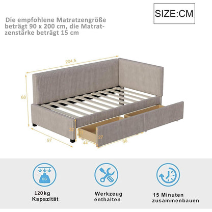 Schlafsofa Grau 90x200 cm mit Stauraum & Lattenrost