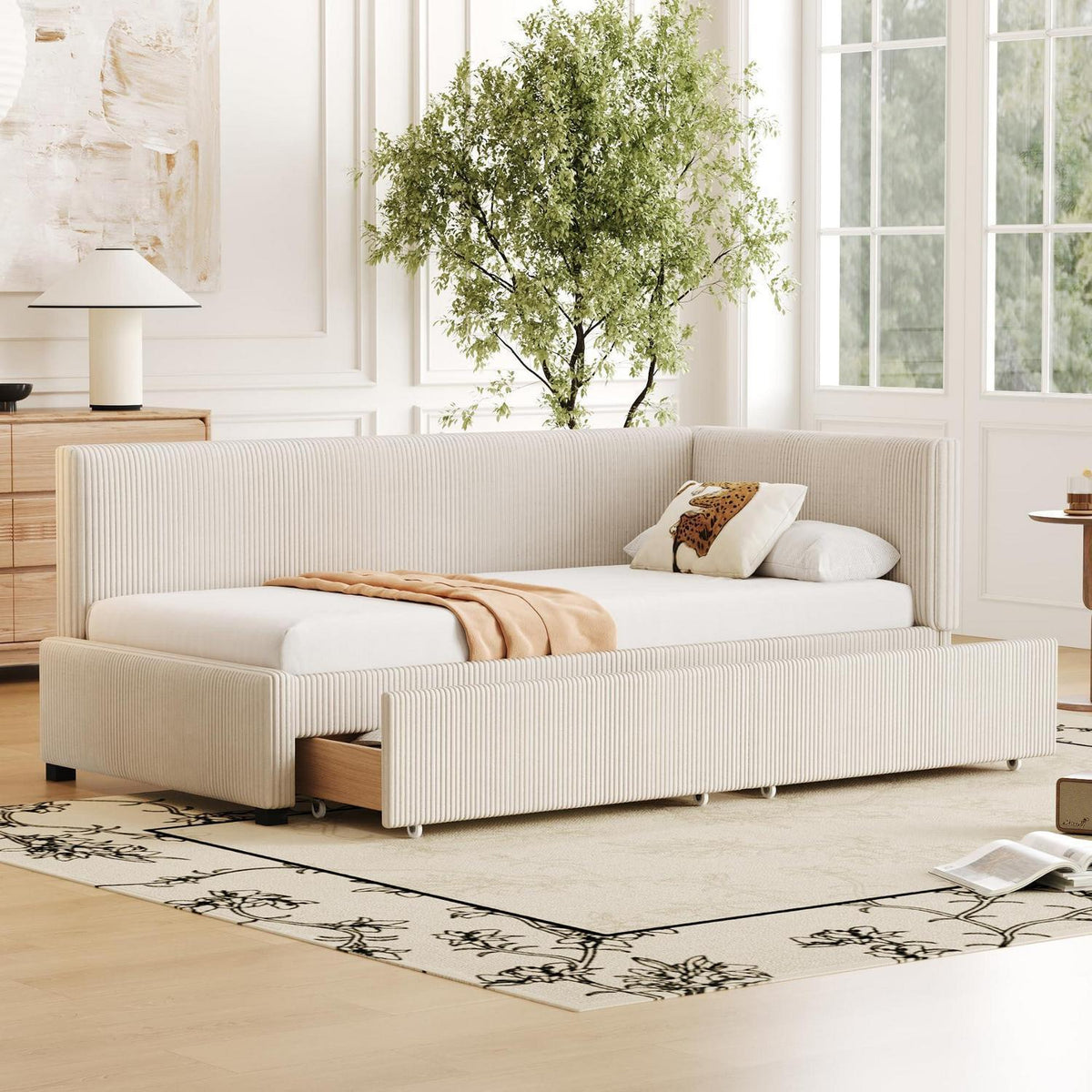 Schlafsofa Cord Beige 90x200 cm mit Stauraum & Lattenrost