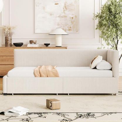 Schlafsofa Cord Beige 90x200 cm mit Stauraum & Lattenrost