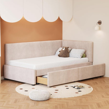 Schlafsofa Cord Beige 90x200 cm mit Stauraum & Lattenrost