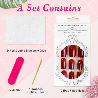 24er Set Weinrote Press on Nägel Eckig Acryl Square Fingernägel für Frauen
