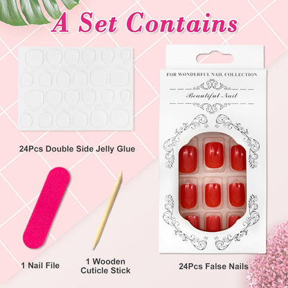 24 Stück French Press on Nails Orange Rot Eckig Künstliche Nägel
