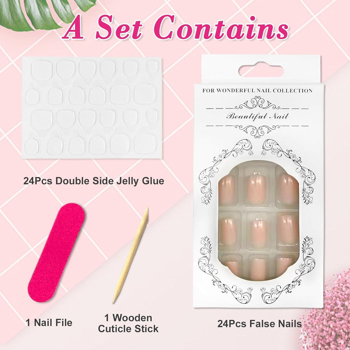 24 Stück Kurze Eckige French Press on Nägel Nude Rosa - Künstliche Nägel mit