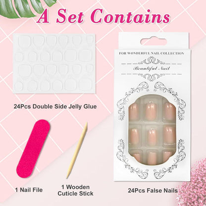 24 Stück Kurze Eckige French Press on Nägel Nude Rosa - Künstliche Nägel mit