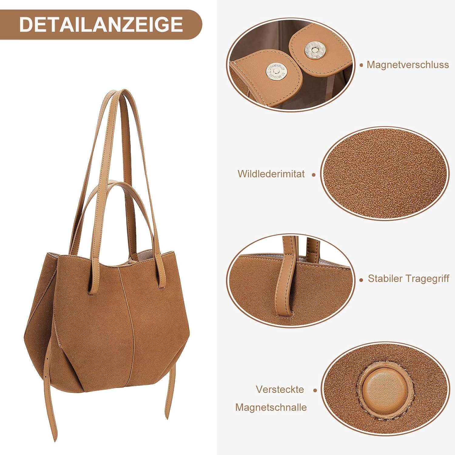TIAASTAP Kunstleder Shopper Handtasche Damen Groß Braun