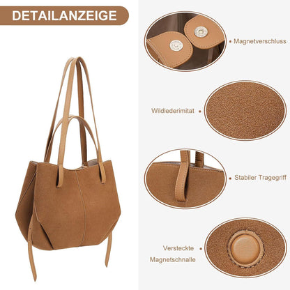 TIAASTAP Kunstleder Shopper Handtasche Damen Groß Braun