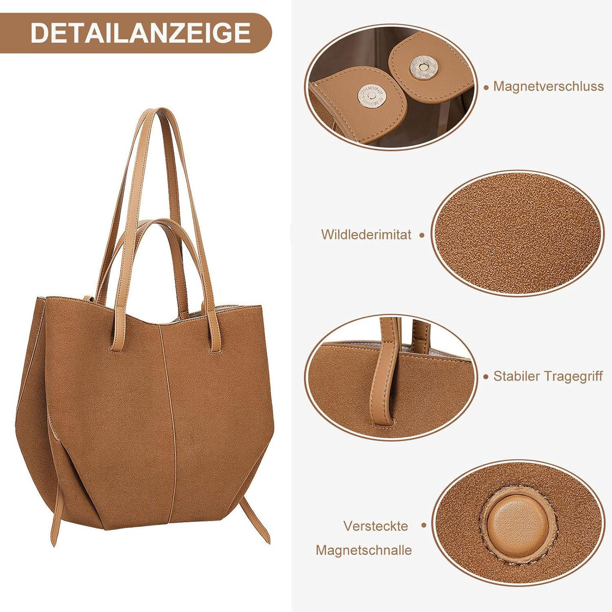 TIAASTAP Damen Handtasche Groß Kunstleder Braun Umhängetasche Elegante Shopper