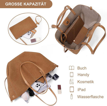 Damen Kunstleder Umhängetasche Shopper Tasche Henkeltasche Braun