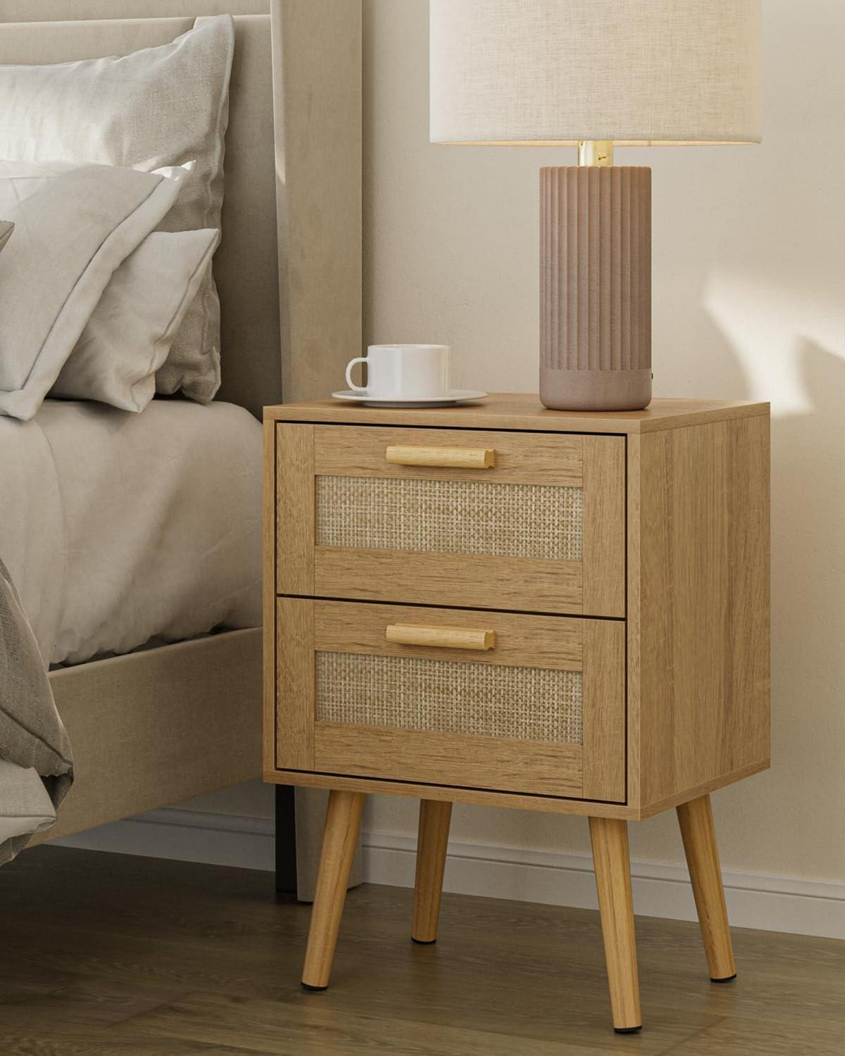 Rattan Nachttisch Beistelltisch Holz Schublade Schlafzimmer Wohnzimmer Gelb