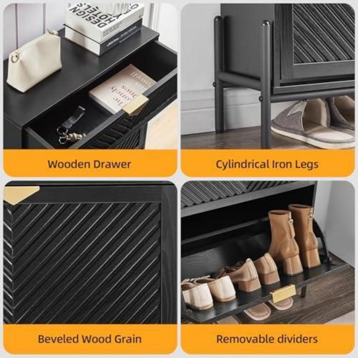 Schmaler Schuhschrank mit Klappe & Schublade, Schwarz