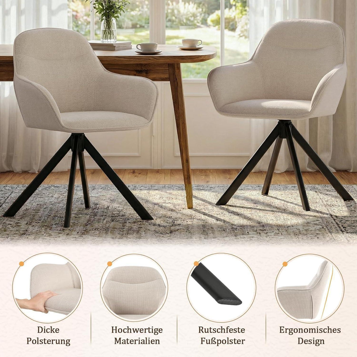 Drehbarer Esszimmerstuhl 6er Set Beige mit Armlehne & Leinenbezug