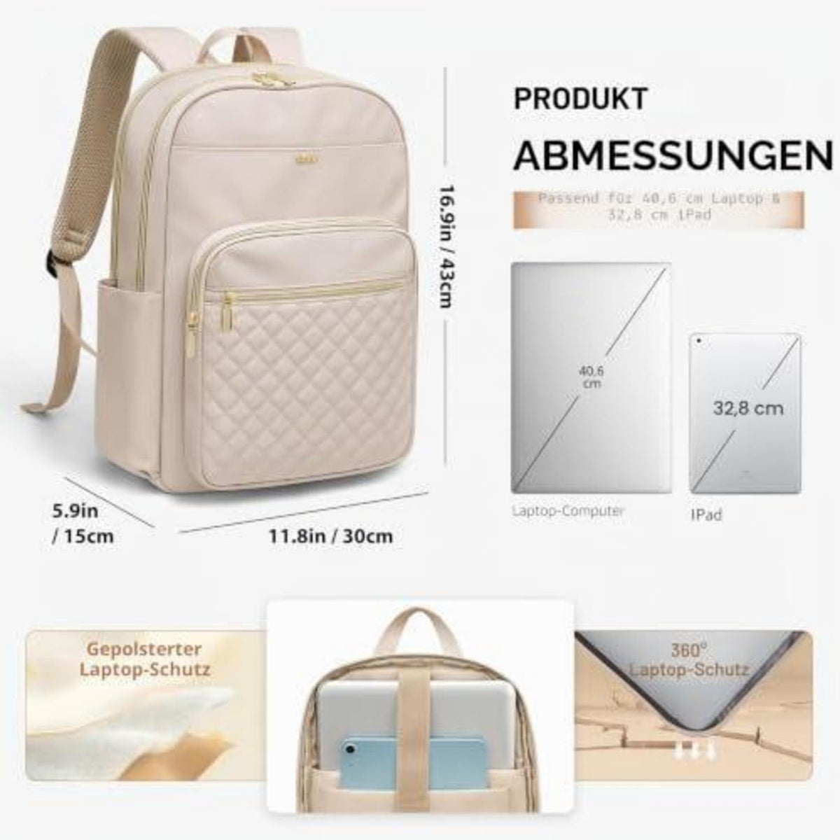 Laptop Rucksack Damen 16 Zoll – Wasserdichter Reiserucksack Beige