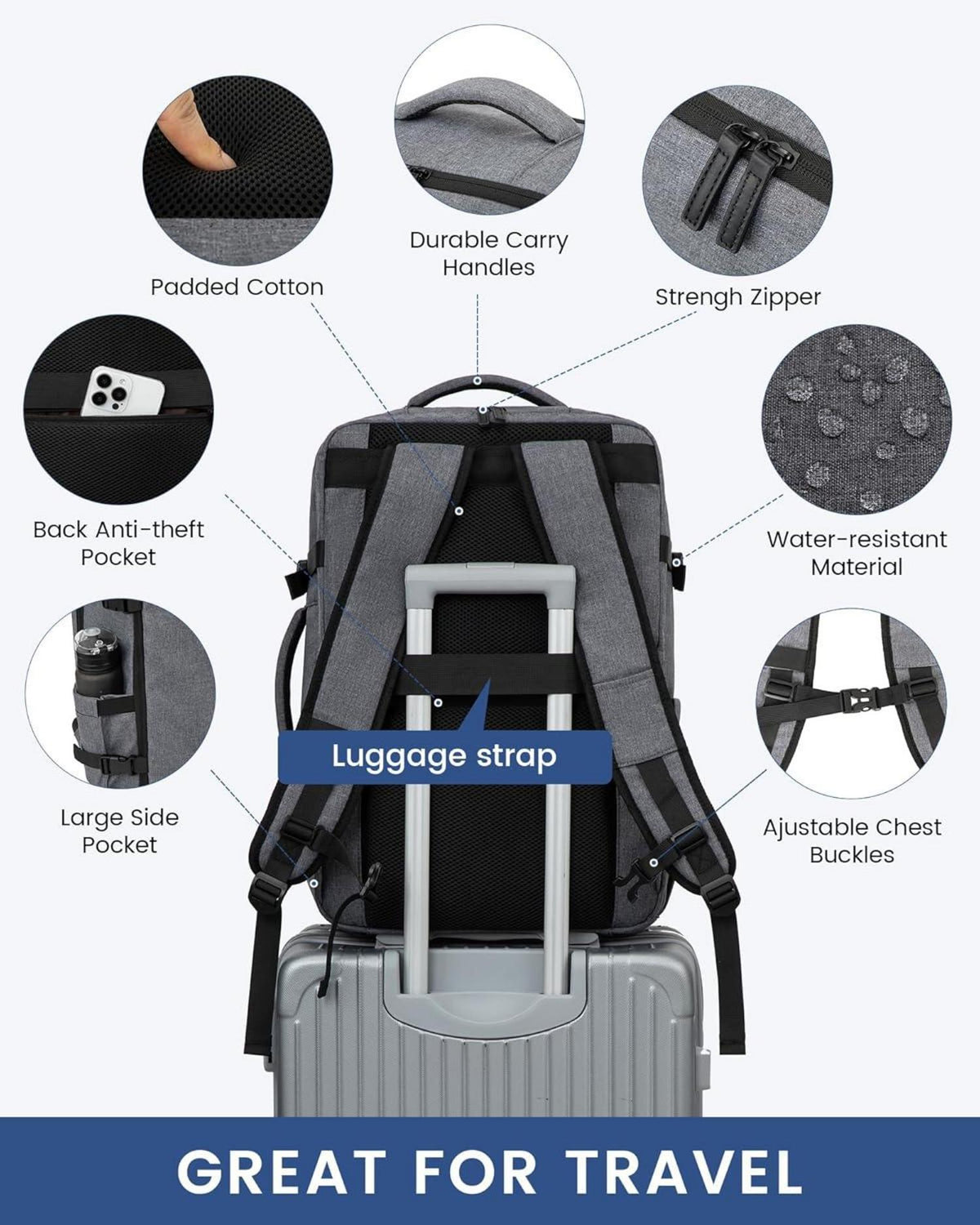 40L Reiserucksack Handgepäck Tasche für 17 Zoll Laptop, Carry On