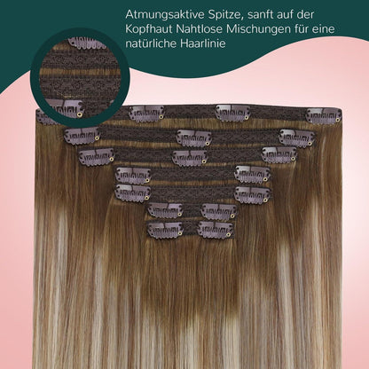 Clip-In Echthaar Extensions Braun Ombre Mittelblond 45cm
