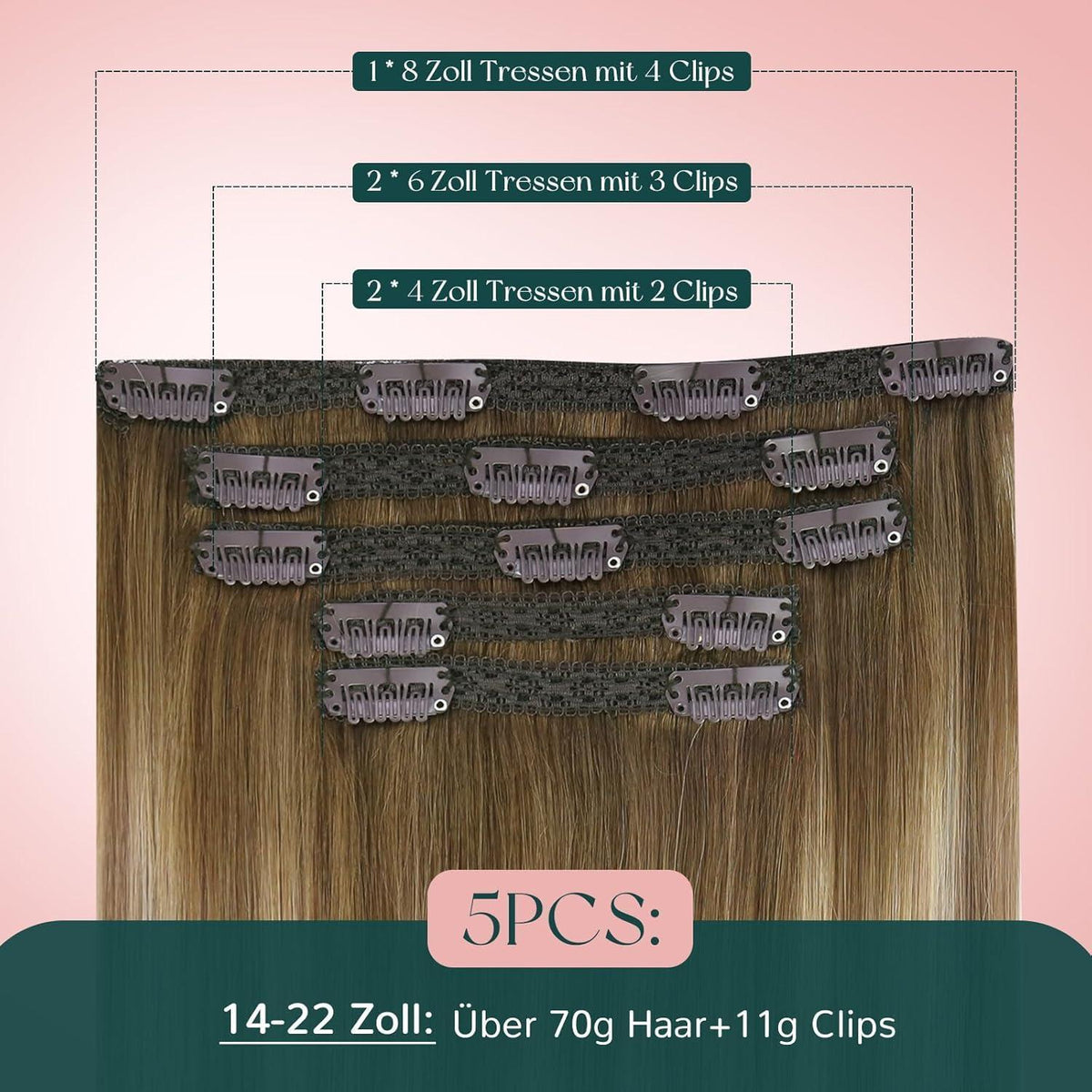 Clip-In Echthaar Extensions Braun Ombre Mittelblond 45cm