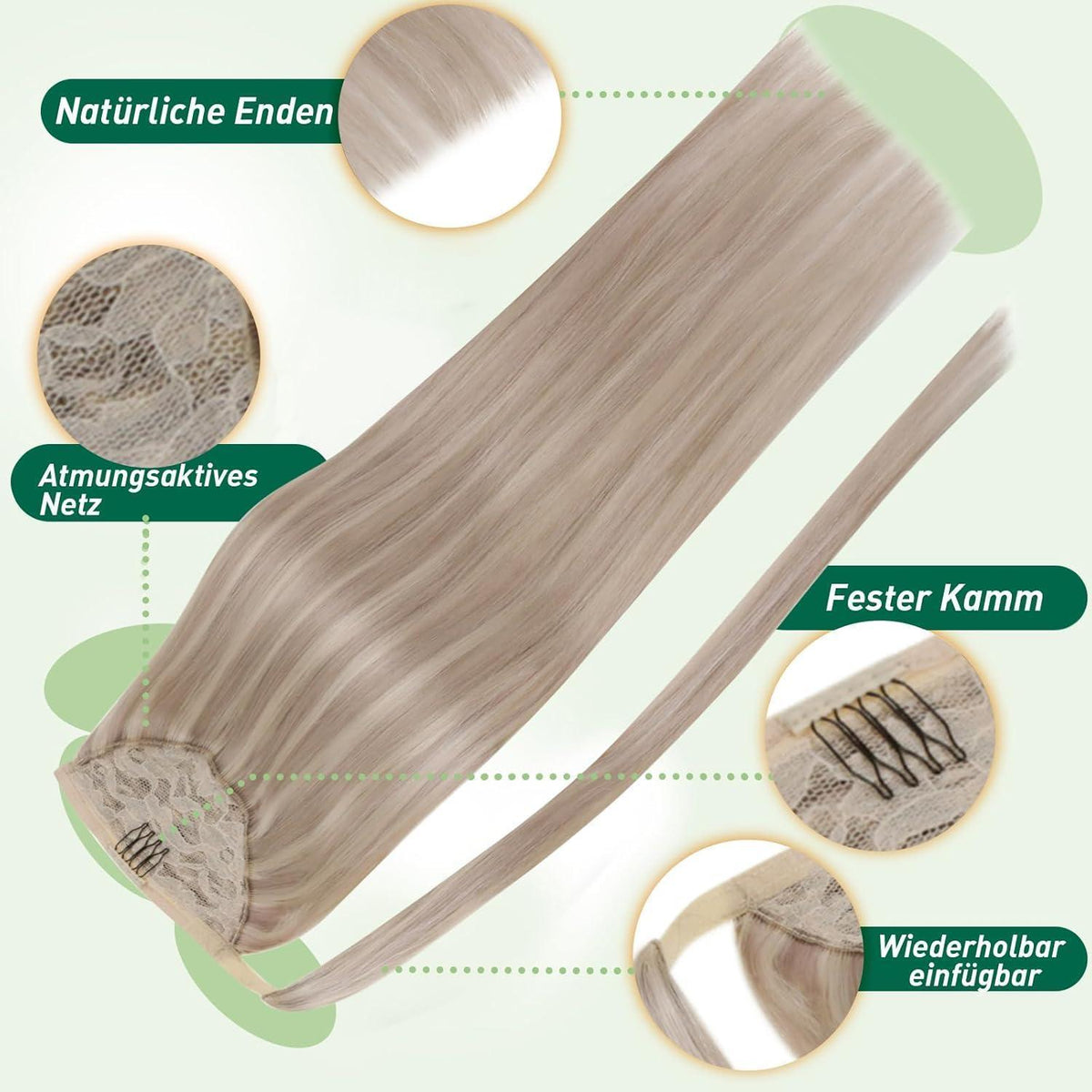 Echthaar Pferdeschwanz Extension Aschblond Mix Gelb Blond 40cm