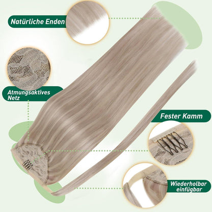Echthaar Pferdeschwanz Extension Aschblond Mix Gelb Blond 40cm