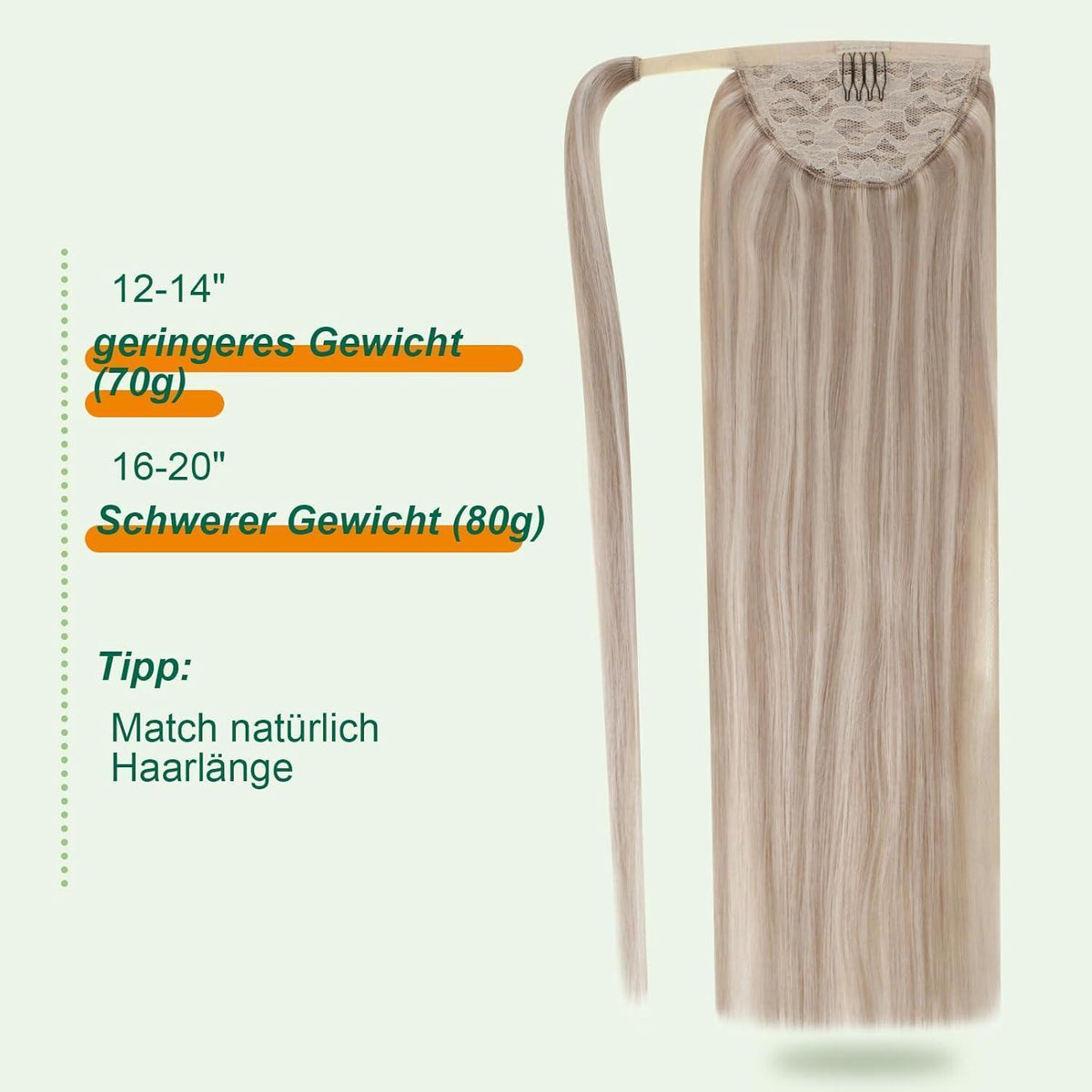 Echthaar Pferdeschwanz Extension Aschblond Mix Gelb Blond 40cm