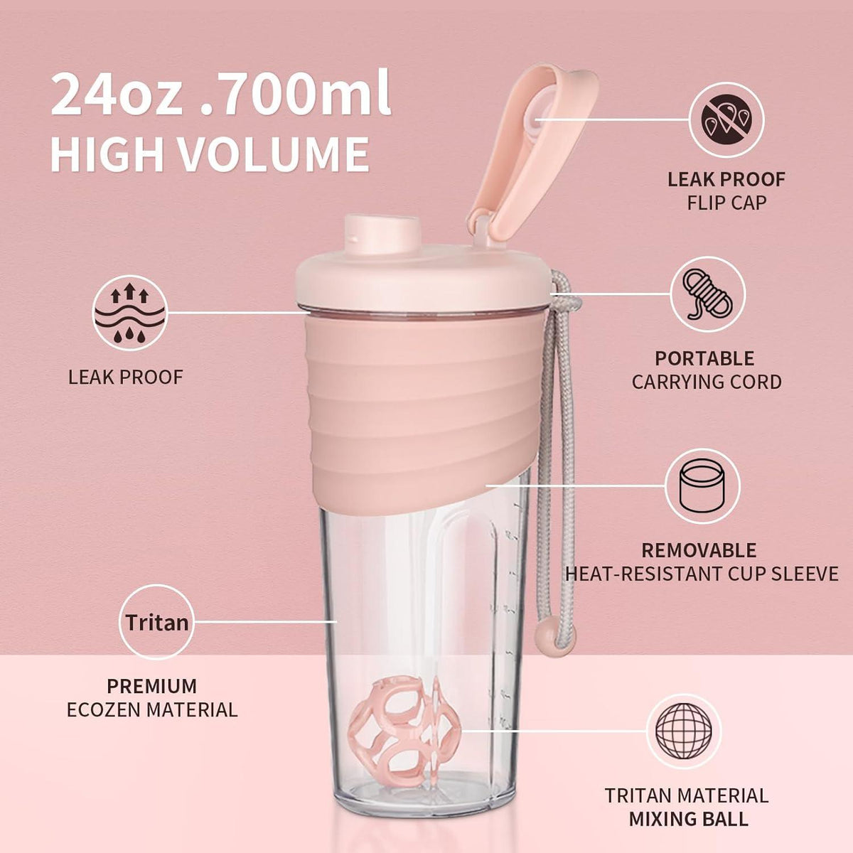 Protein Shaker Bottle 700ml Tritan BPA-frei Pink Fitness Outdoor