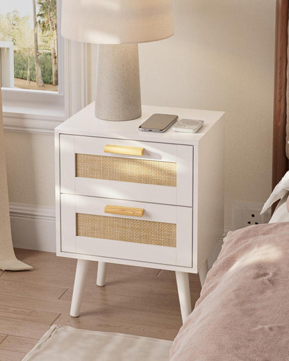Nachttisch Rattan Beistelltisch Holz Schublade Weiße Nachtkommode