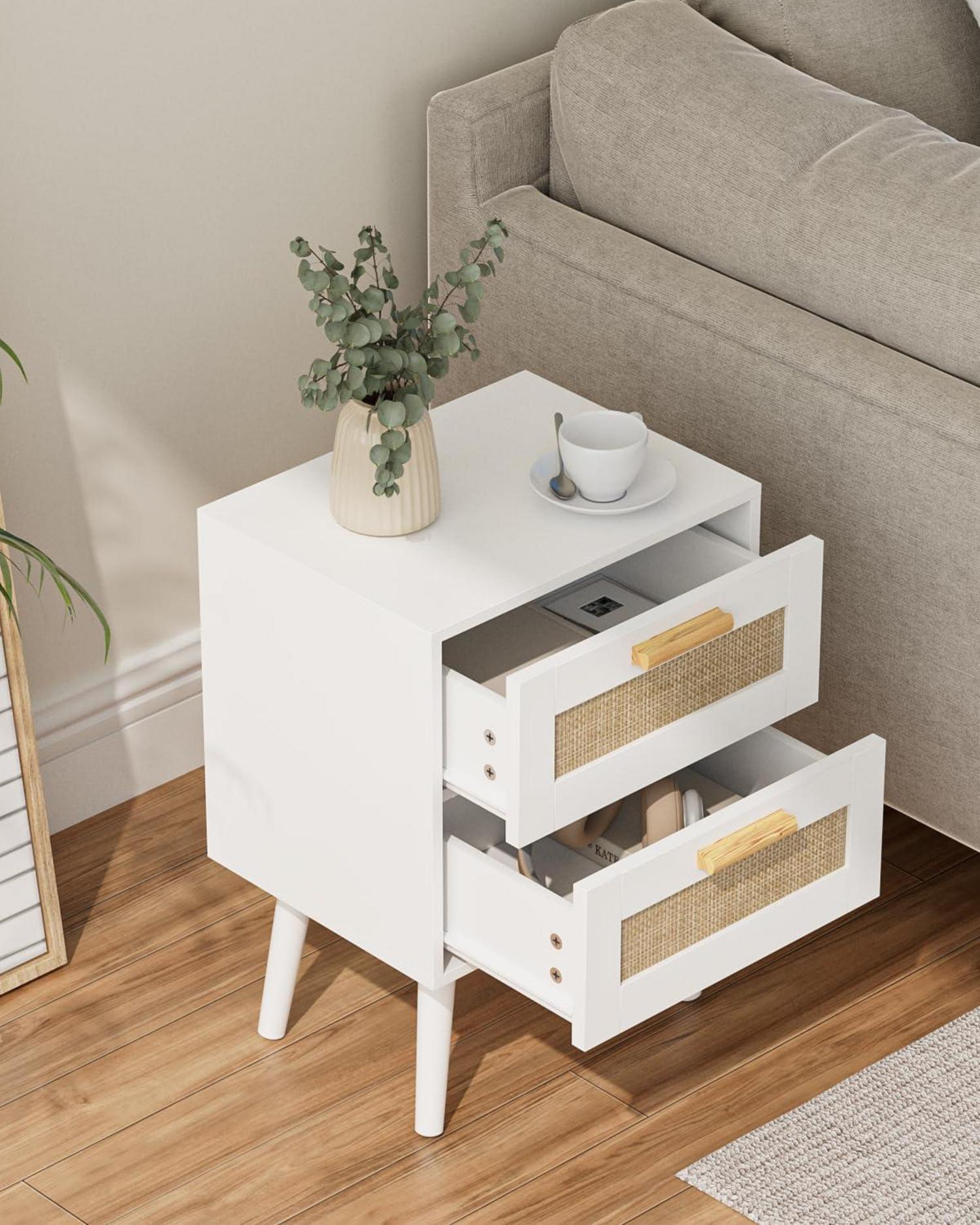 Nachttisch Rattan Beistelltisch mit Schublade Holzbeine