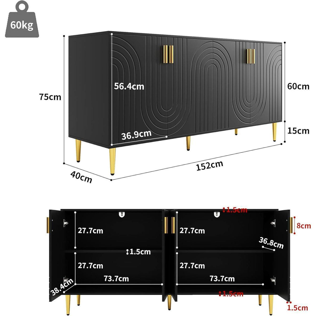 Modernes Sideboard mit 2 Türen & 4 Schubladen (152x40x75cm) Schwarz